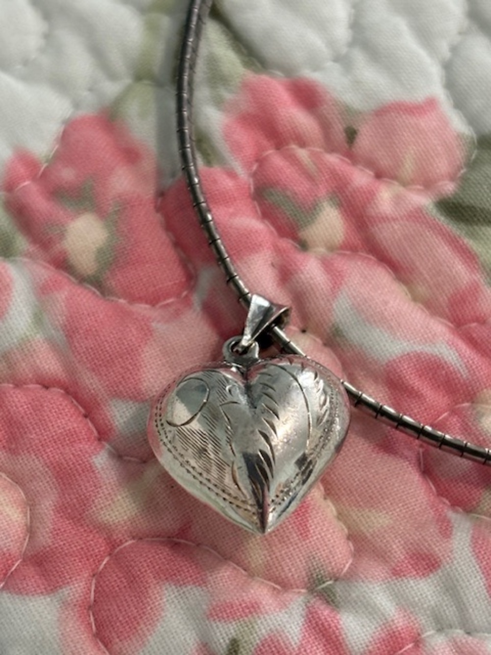 STERLING SILVER Puffy Etched Heart ❤️ Pendant w/ 18” Sterling Silver Snake Chain